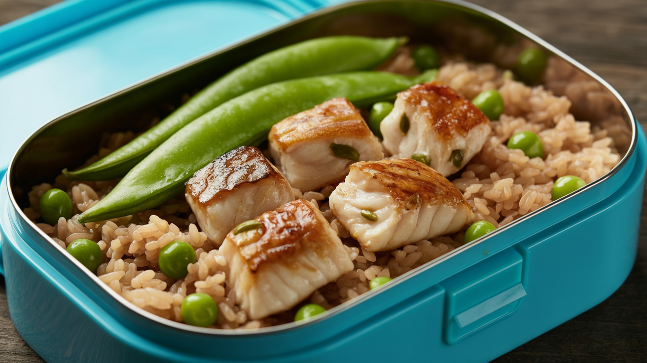 Arroz integral com cubos de peixe grelhado e ervilhas na Marmita