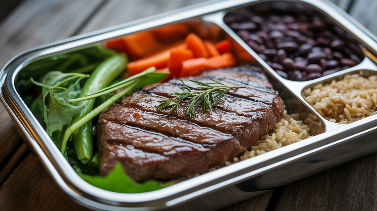 Bife grelhado com arroz integral e feijão-preto na Marmita