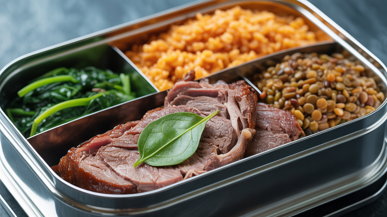 Carne assada com arroz com lentilha e espinafre refogado na Marmita