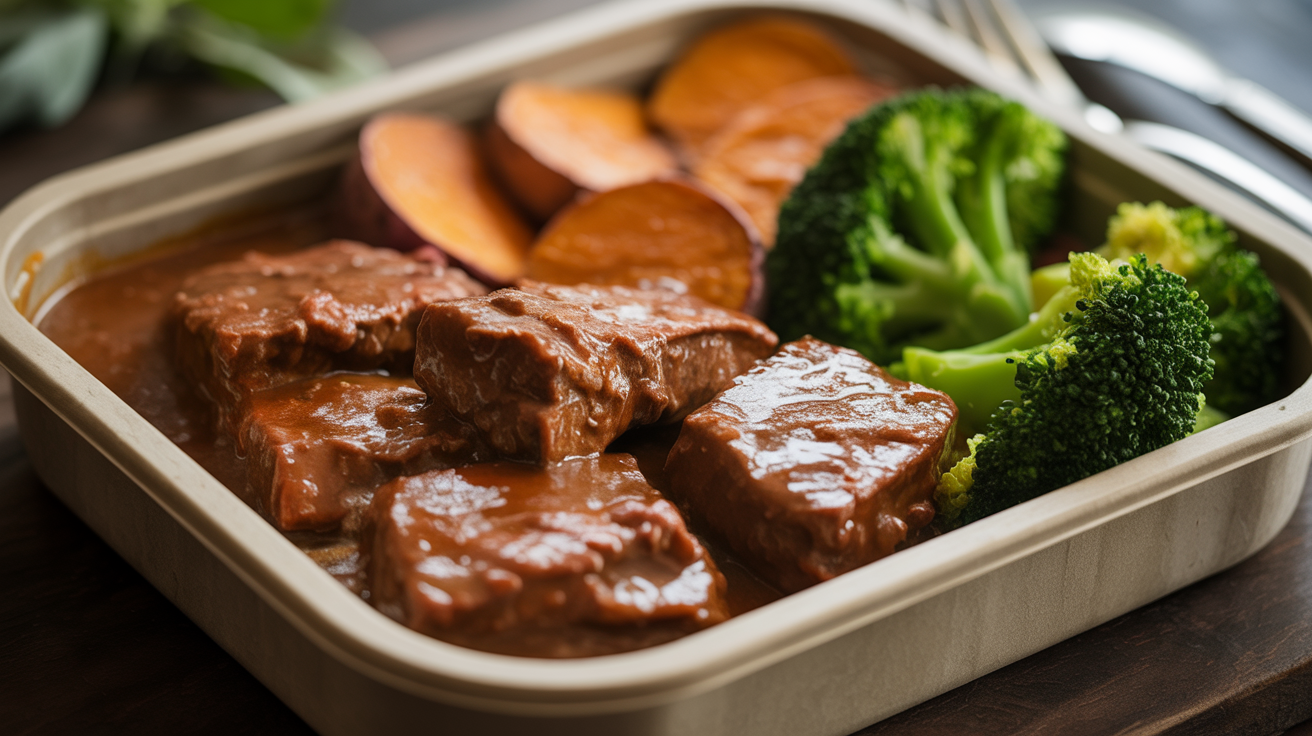 Carne de panela com batata-doce e brócolis na Marmita