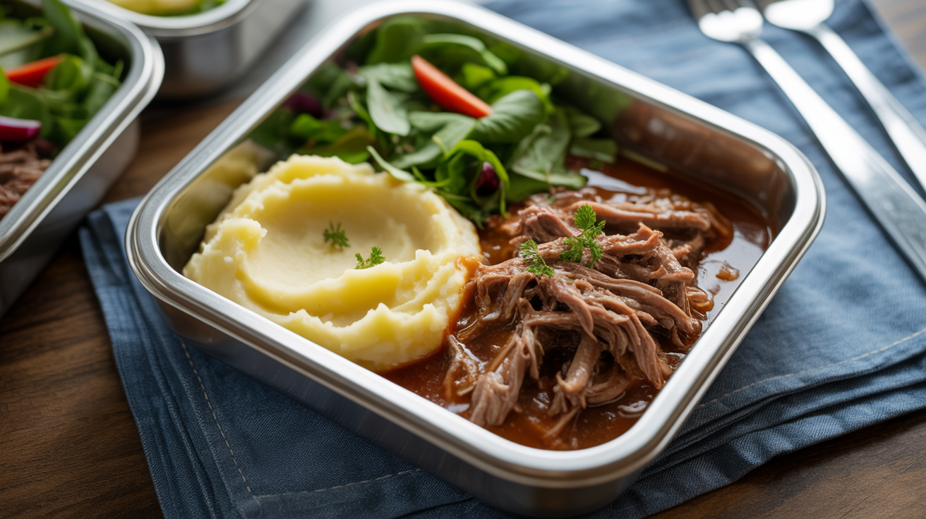 Carne desfiada ao molho com purê de batata e salada verde na Marmita