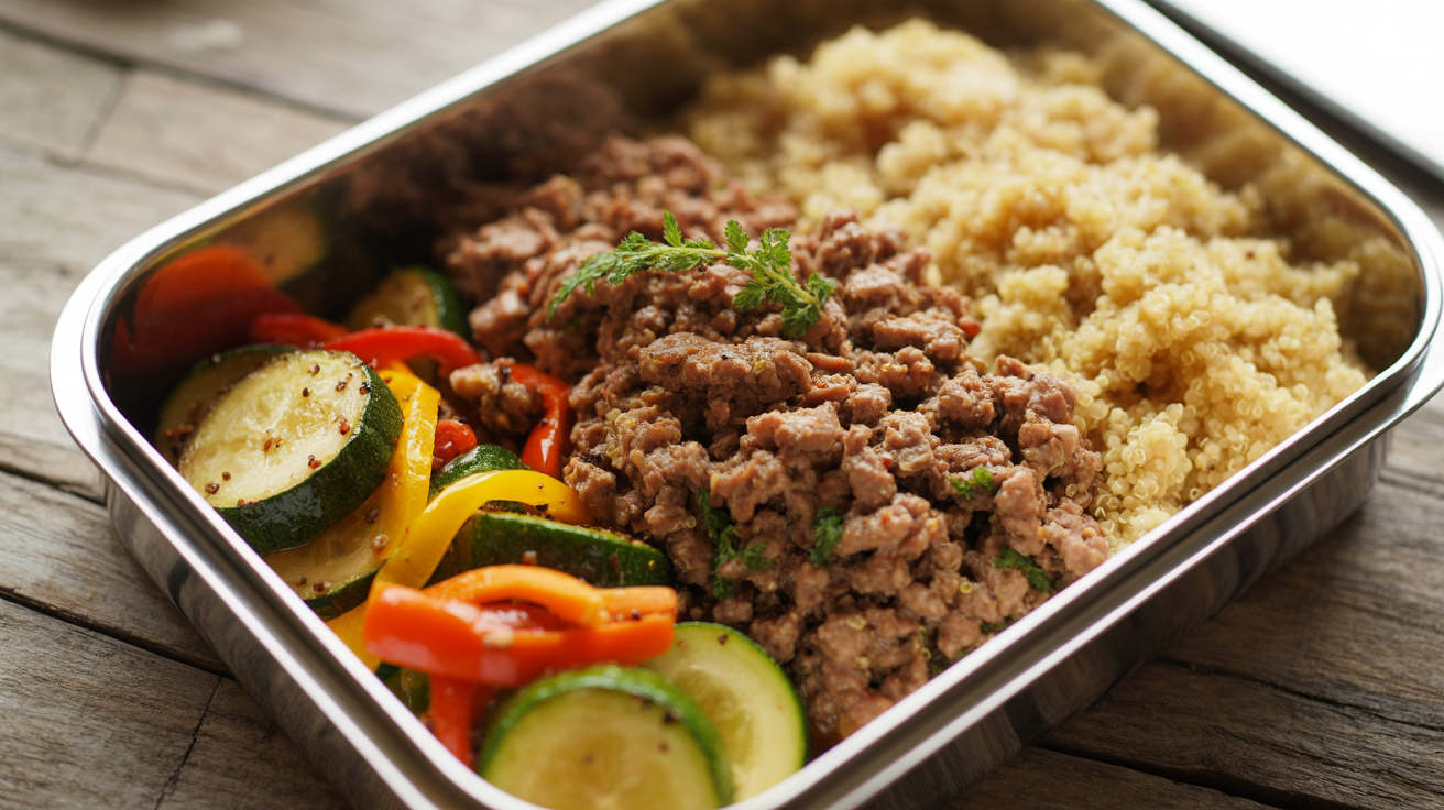 Carne moída com quinoa e legumes salteados na Marmita