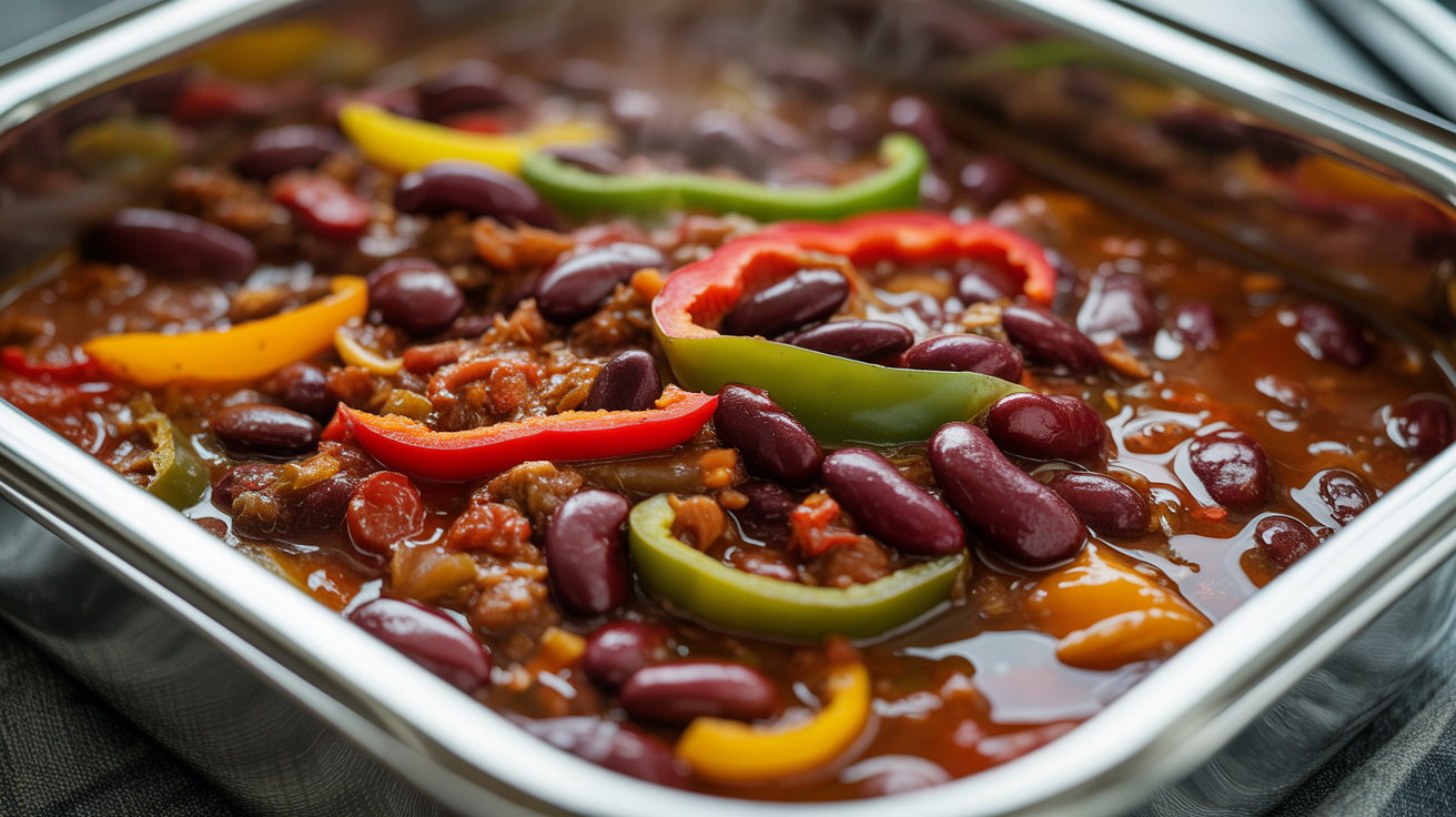 Chili de carne magra com feijão e pimentões coloridos na Marmita