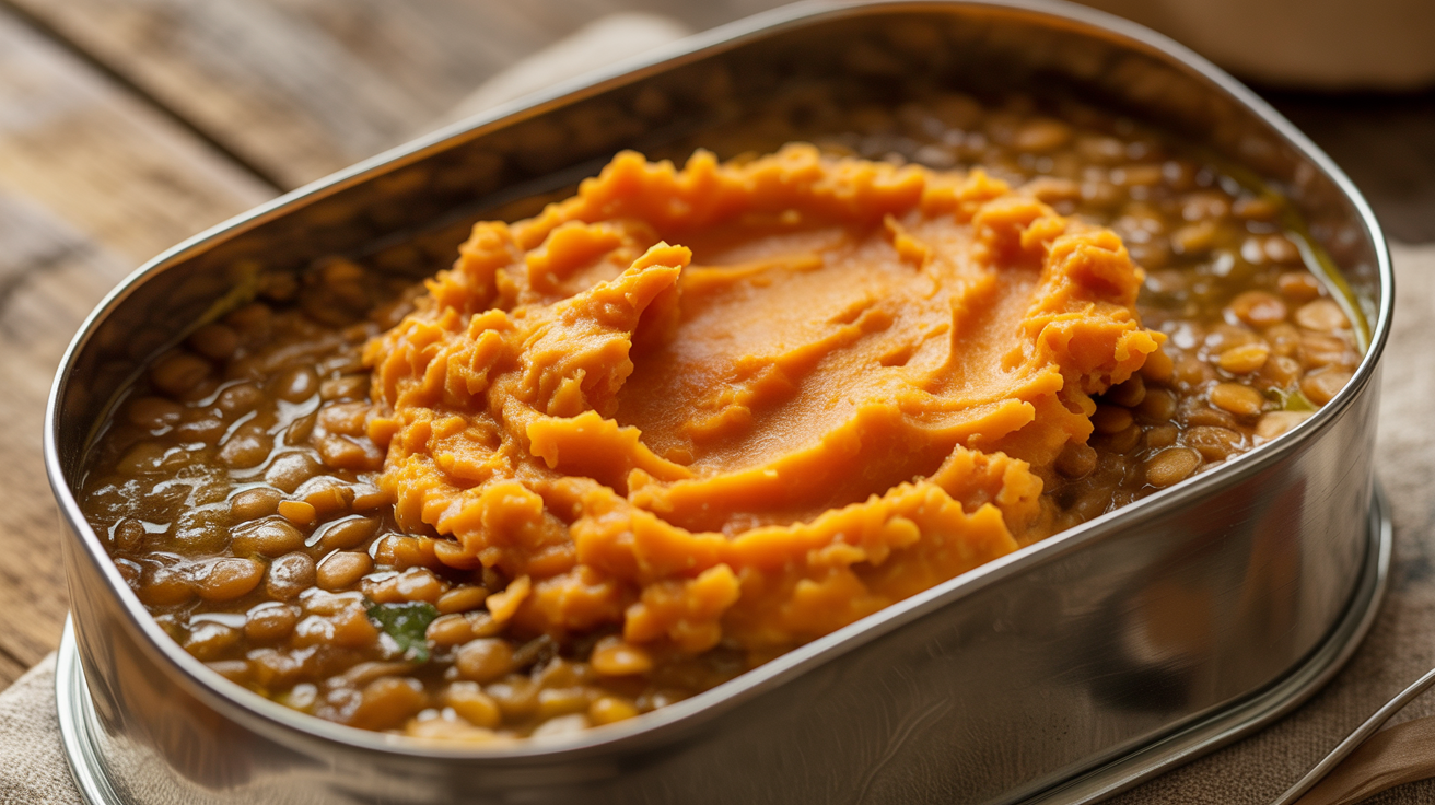 Escondidinho de lentilha com purê de batata-doce na Marmita