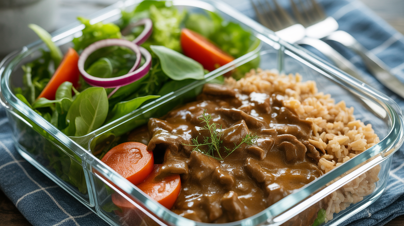Estrogonofe fit de carne com arroz integral e salada na Marmita