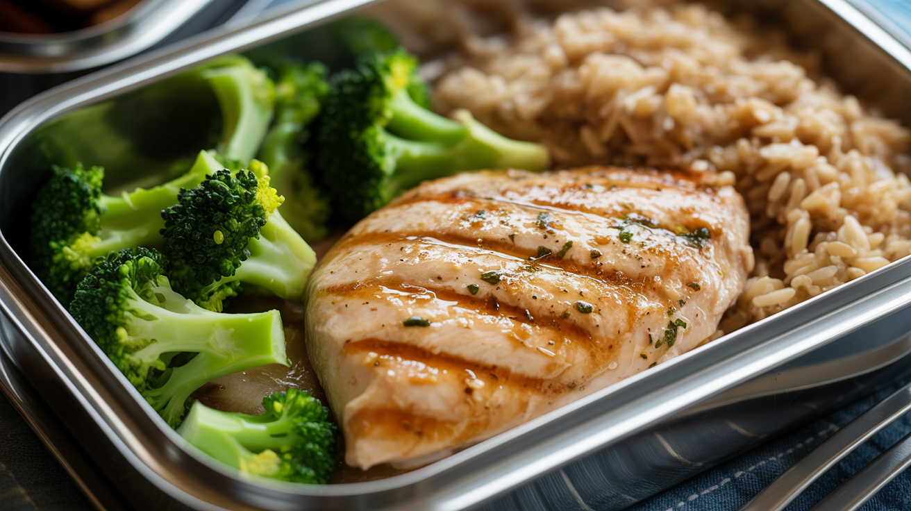 Frango grelhado com arroz integral e brócolis ao vapor na Marmita