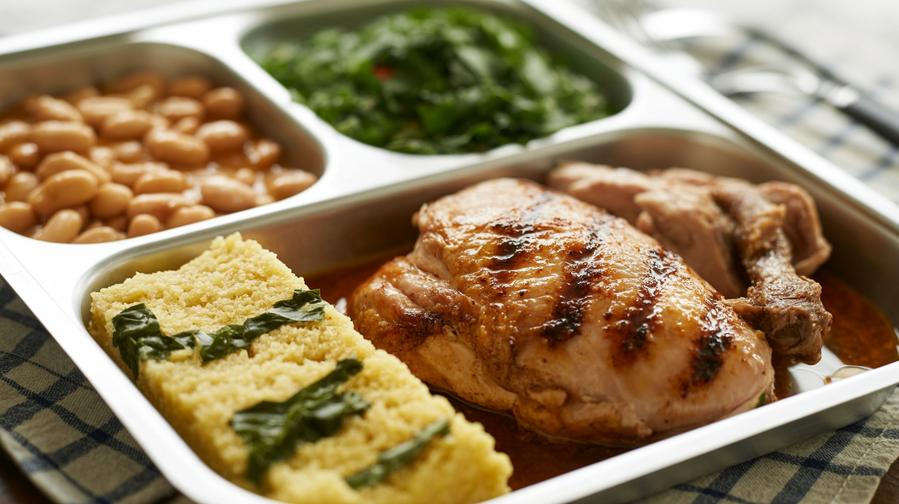 Frango grelhado com farofa de couve e feijão-carioca na Marmita
