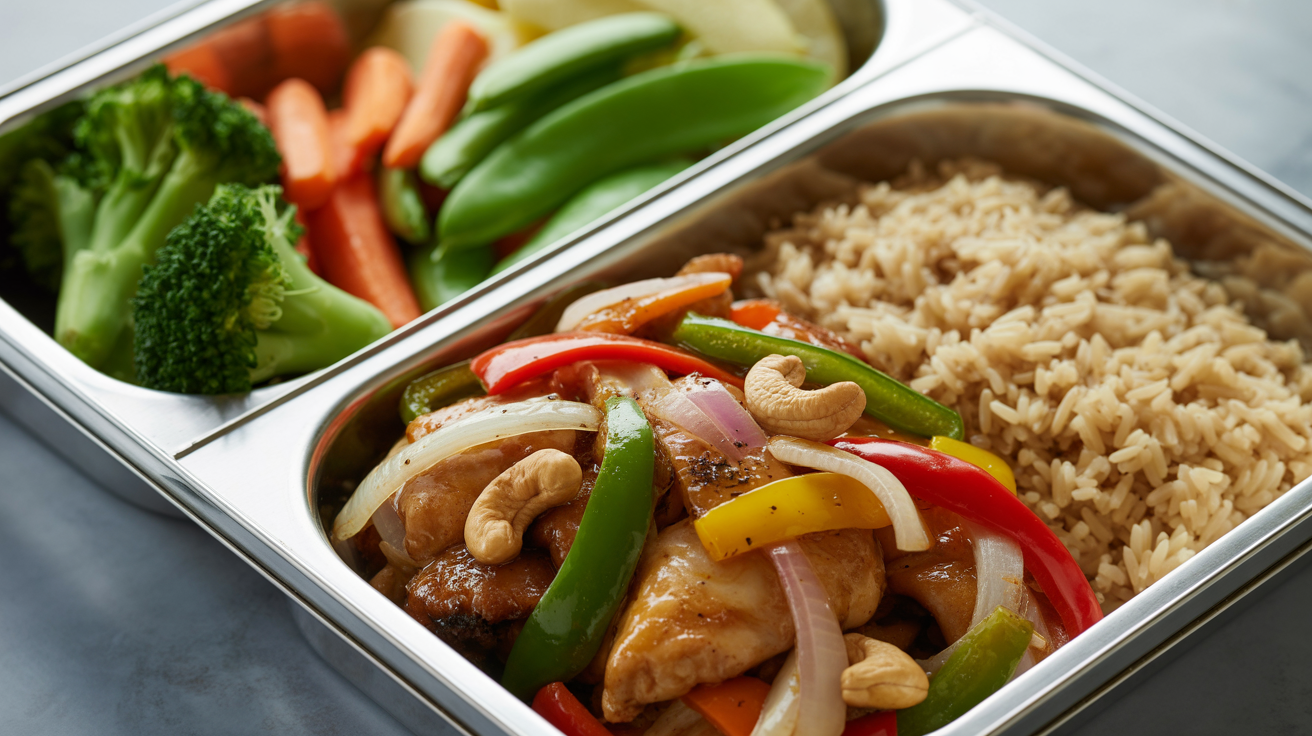 Frango xadrez com arroz integral e legumes variados na Marmita