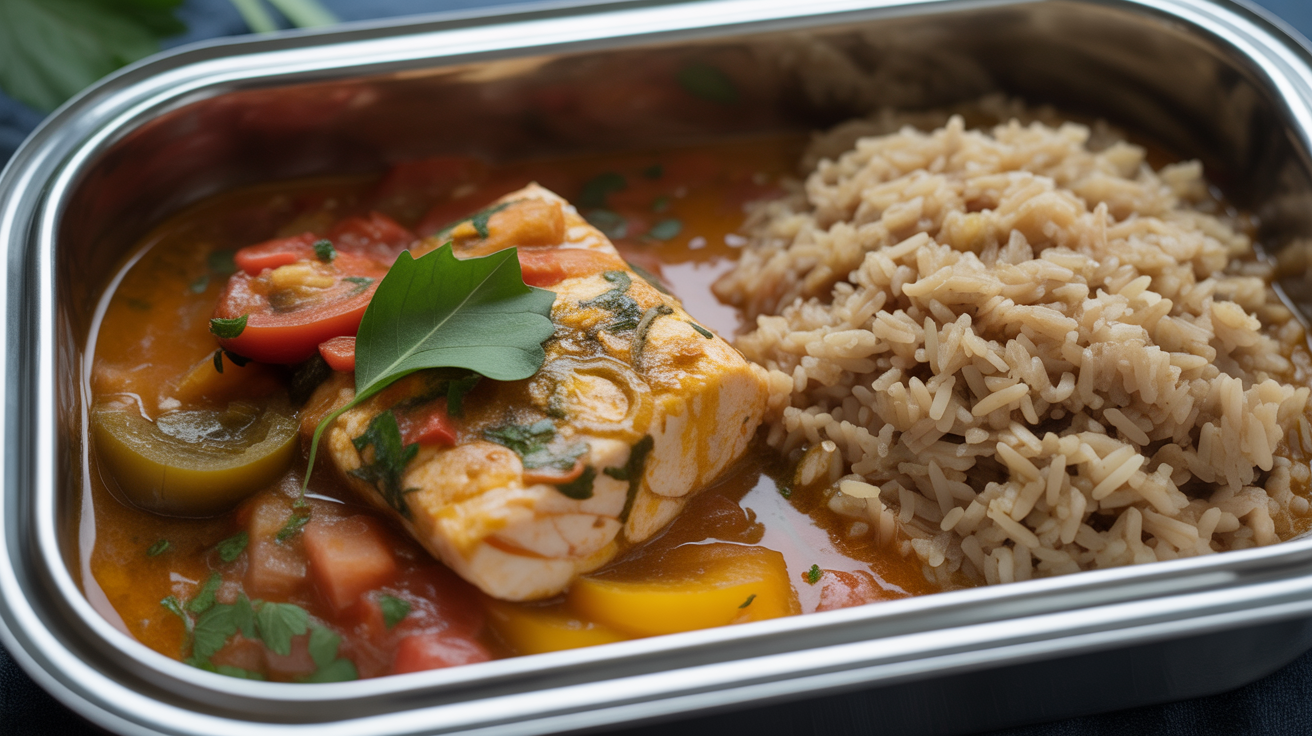 Moqueca de peixe light com arroz integral na Marmita