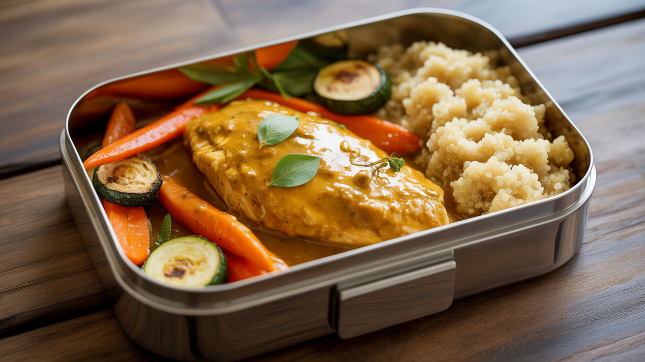 Peito de frango ao curry com legumes assados e quinoa na Marmita