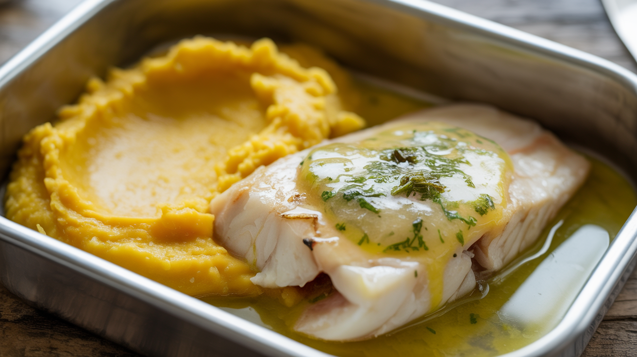 Peixe ao molho de limão com purê de mandioquinha na Marmita