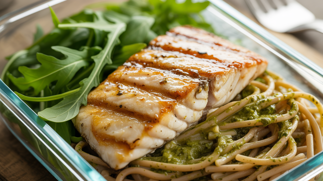 Peixe grelhado com macarrão integral ao pesto e rúcula na Marmita