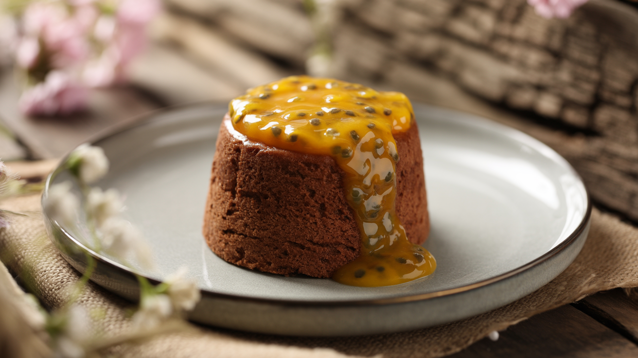 Petit gâteau de chocolate com calda de maracujá