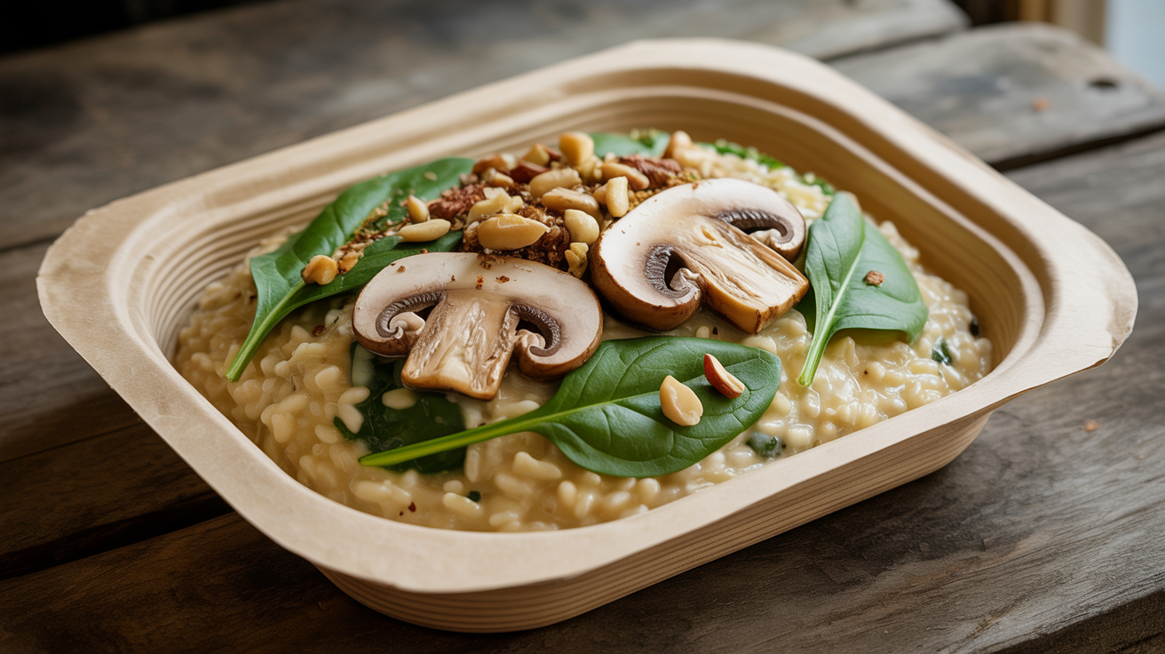 Risoto de cogumelos com espinafre e castanhas na Marmita