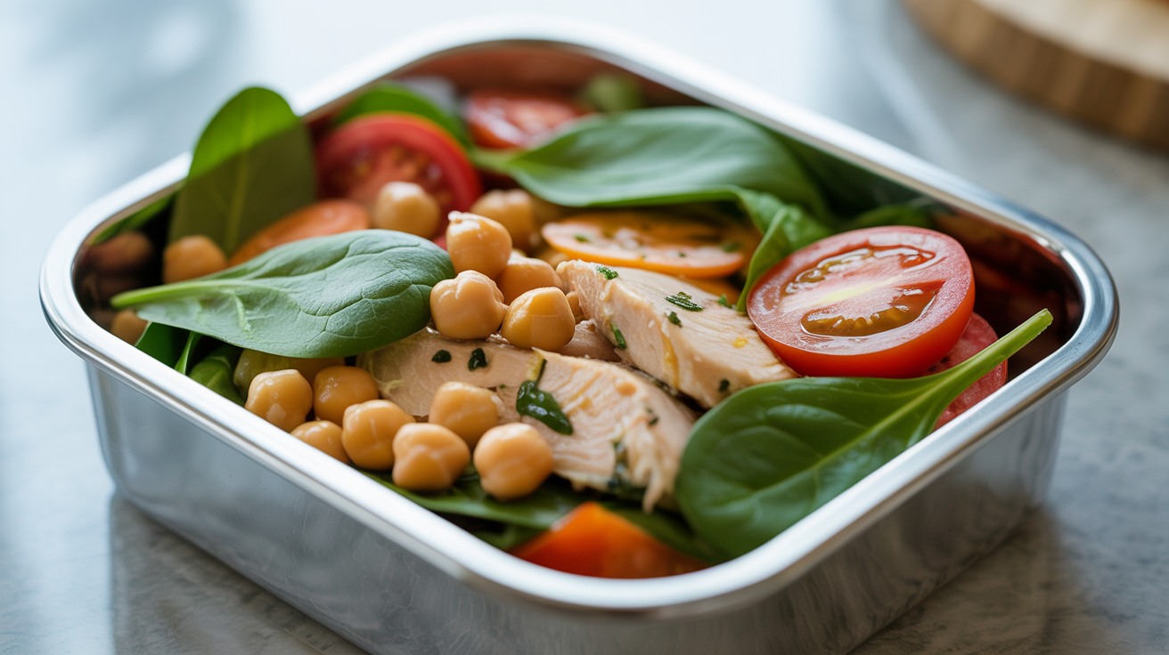 Salada de frango com grão-de-bico, tomate e espinafre na Marmita