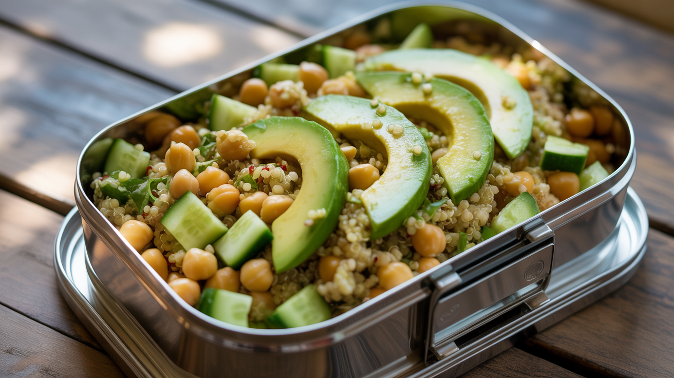 Salada de quinoa com abacate, pepino e grão-de-bico na Marmita