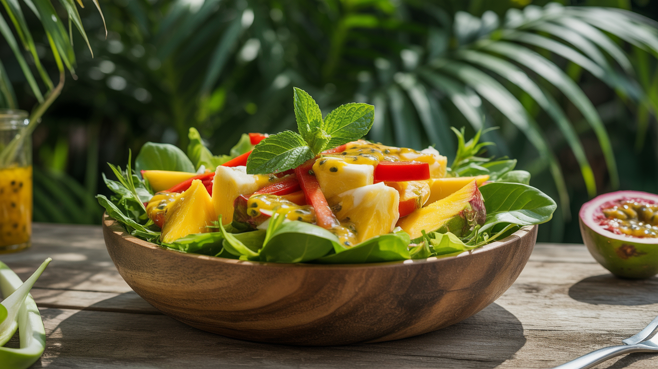 Salada tropical com molho de maracujá e hortelã