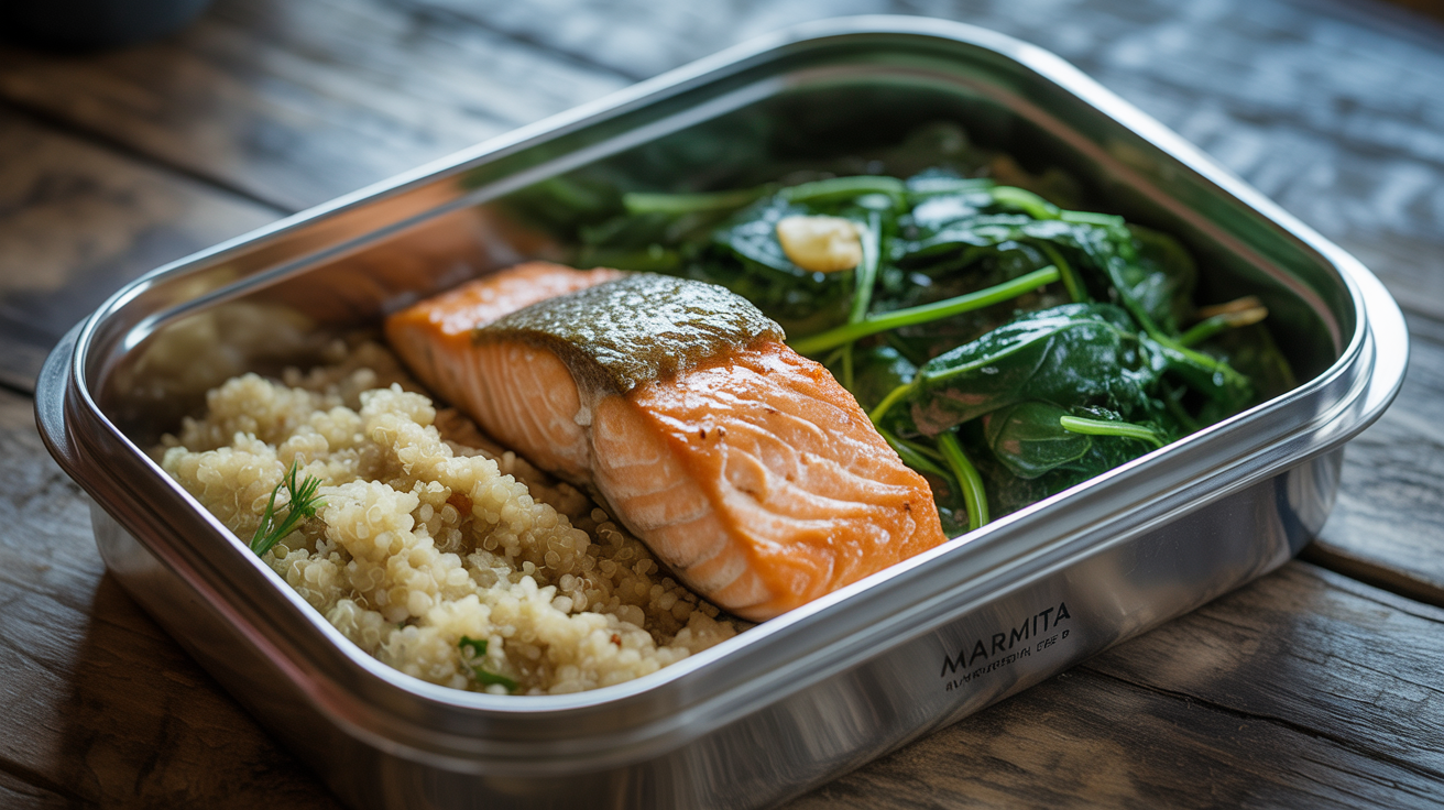 Salmão assado com quinoa e espinafre refogado na Marmita