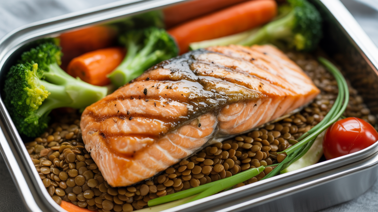 Salmão grelhado com lentilhas cozidas e legumes na Marmita