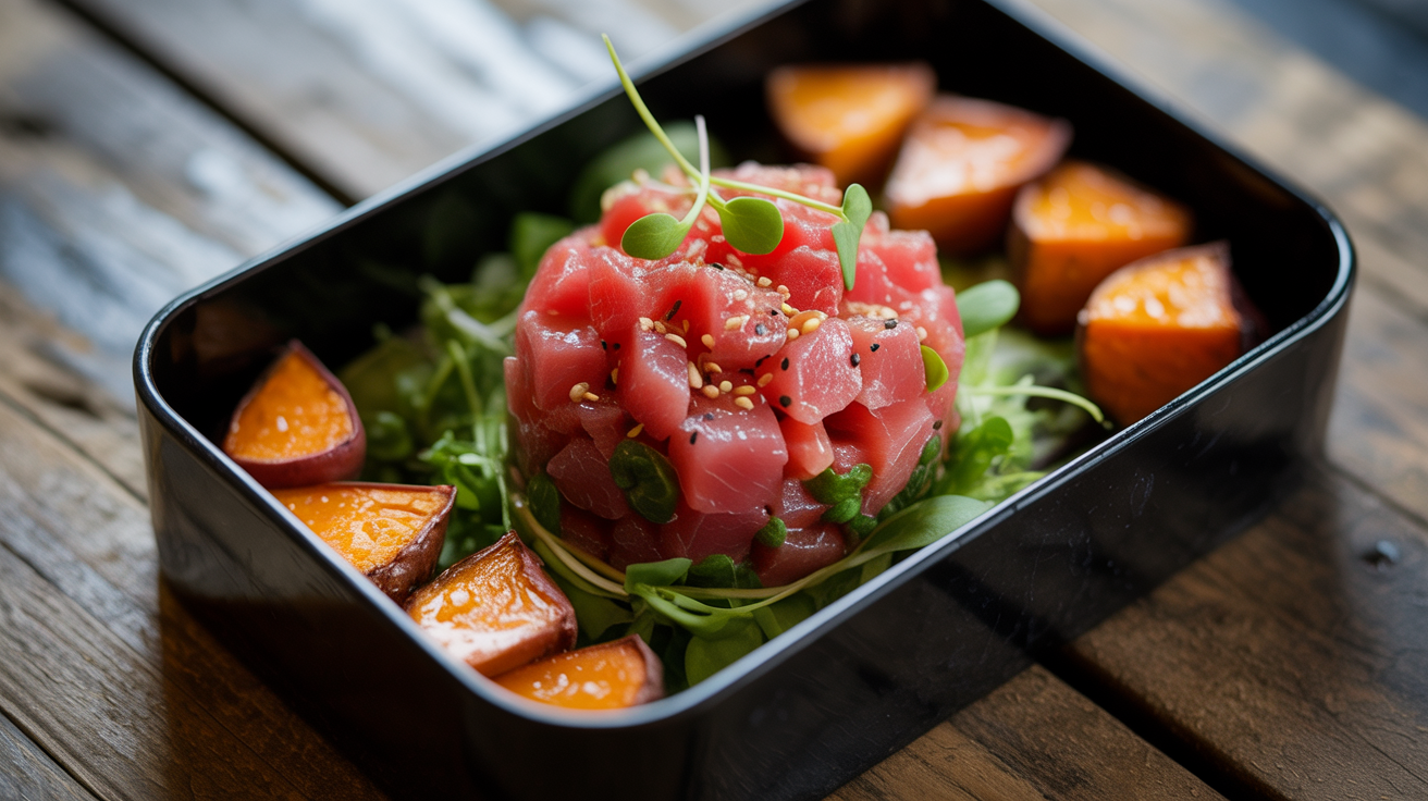 Tartar de atum com batata-doce assada (marmita fria)
