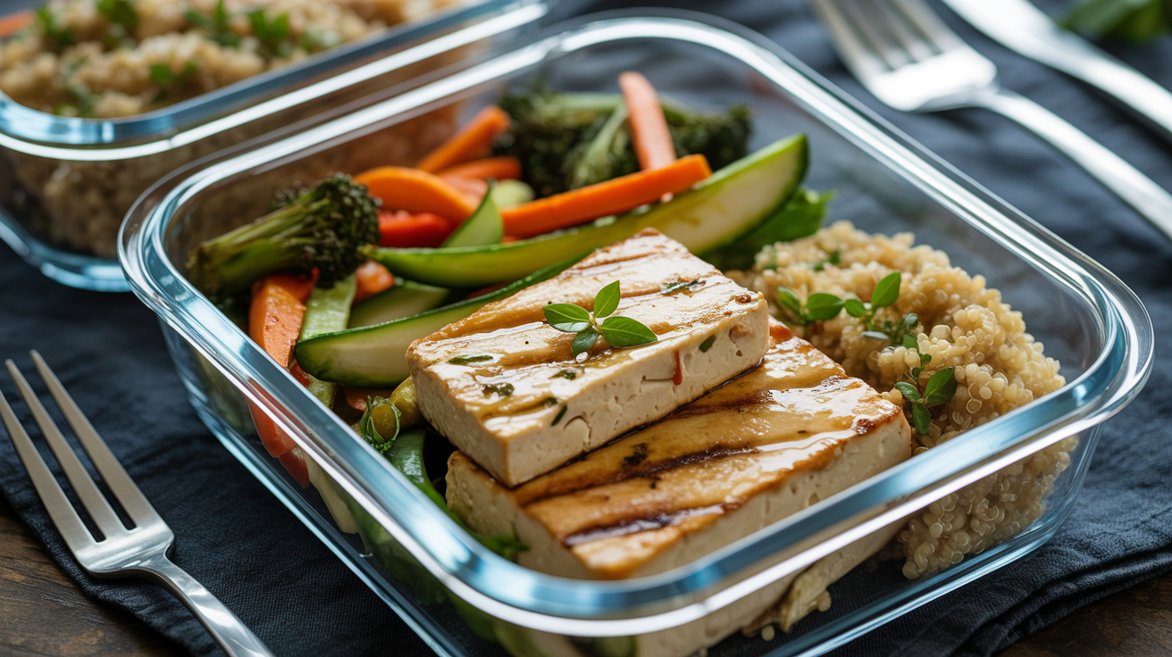 Tofu grelhado com legumes salteados e quinoa na Marmita