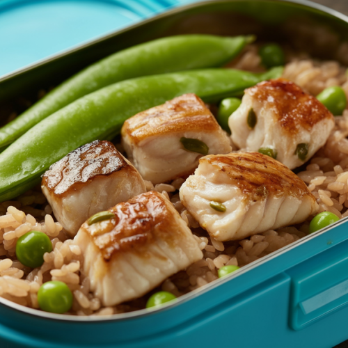 Arroz integral com cubos de peixe grelhado e ervilhas na Marmita