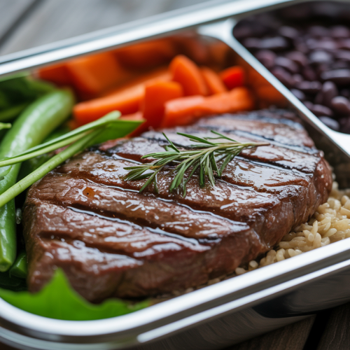 Bife grelhado com arroz integral e feijão-preto na Marmita