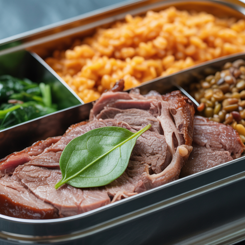 Carne assada com arroz com lentilha e espinafre refogado na Marmita