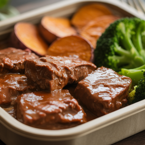 Carne de panela com batata-doce e brócolis na Marmita
