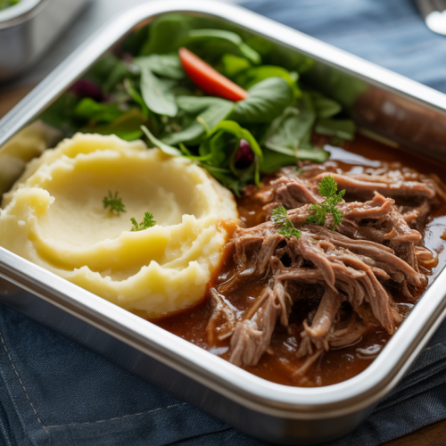 Carne desfiada ao molho com purê de batata e salada verde na Marmita