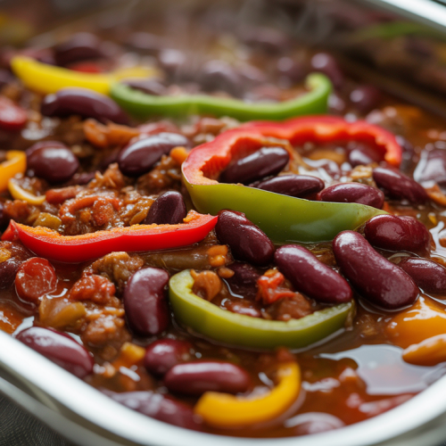 Chili de carne magra com feijão e pimentões coloridos na Marmita