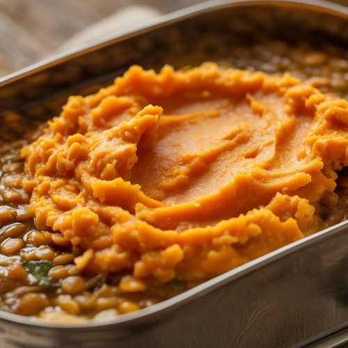 Escondidinho de lentilha com purê de batata-doce na Marmita