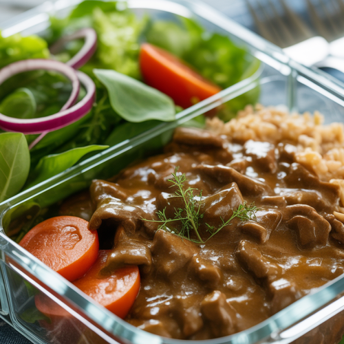 Estrogonofe fit de carne com arroz integral e salada na Marmita