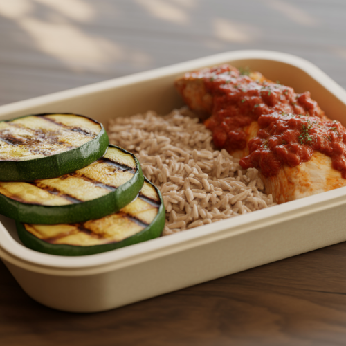 Frango ao molho de tomate com arroz integral e abobrinha grelhada na Marmita