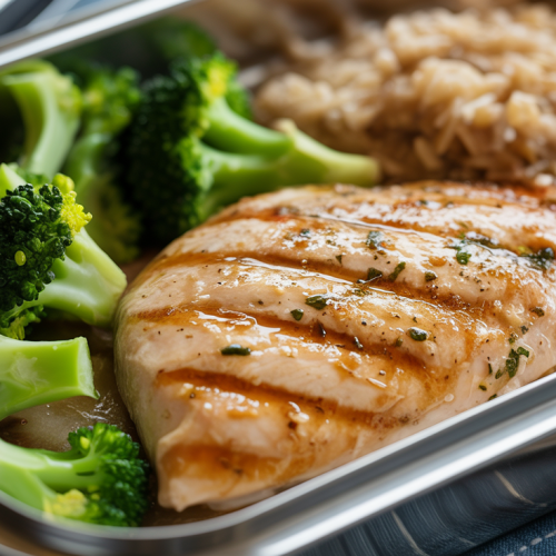 Frango grelhado com arroz integral e brócolis ao vapor na Marmita
