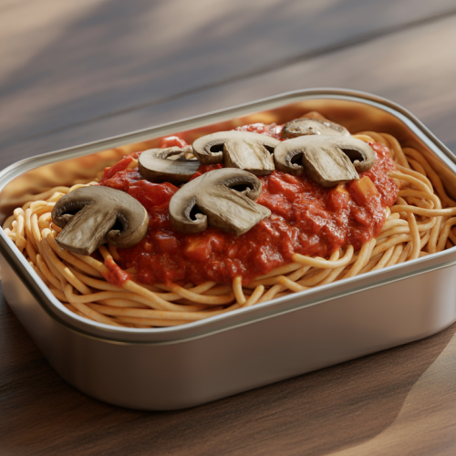 Macarrão integral com molho de tomate e cogumelos na Marmita