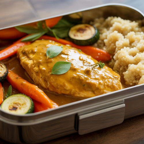 Peito de frango ao curry com legumes assados e quinoa na Marmita
