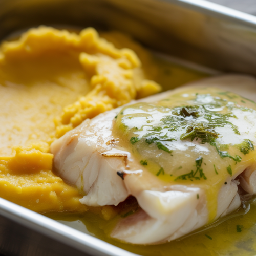 Peixe ao molho de limão com purê de mandioquinha na Marmita