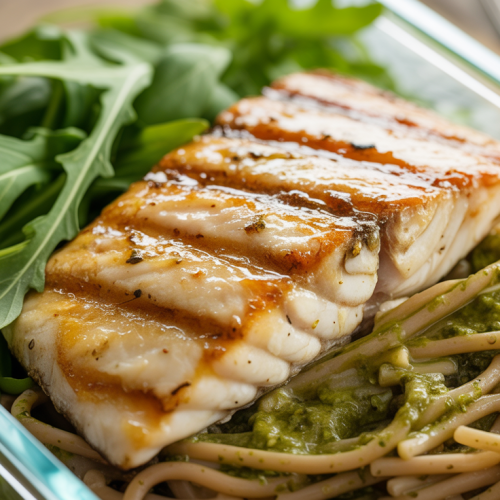 Peixe grelhado com macarrão integral ao pesto e rúcula na Marmita
