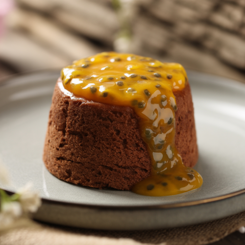Petit gâteau de chocolate com calda de maracujá