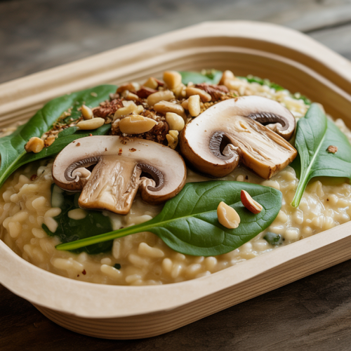 Risoto de cogumelos com espinafre e castanhas na Marmita