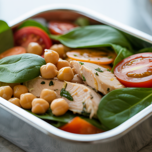 Salada de frango com grão-de-bico, tomate e espinafre na Marmita