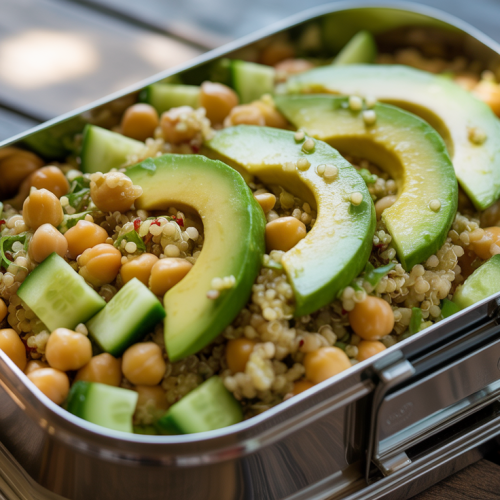 Salada de quinoa com abacate, pepino e grão-de-bico na Marmita