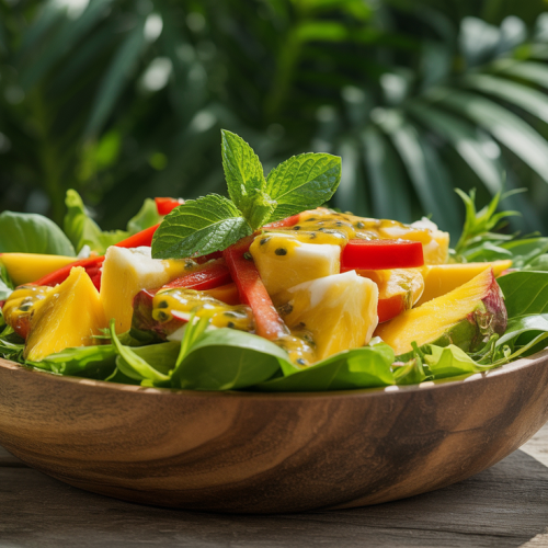 Salada tropical com molho de maracujá e hortelã