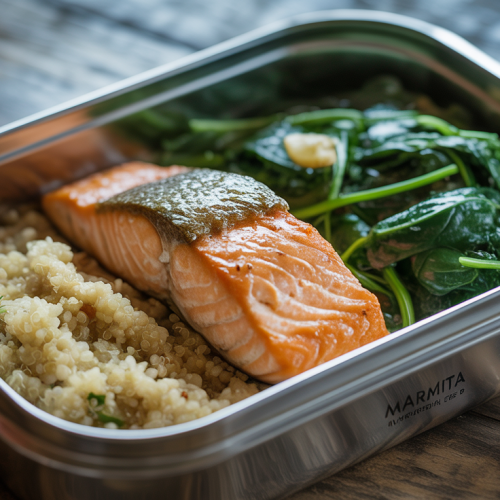 Salmão assado com quinoa e espinafre refogado na Marmita