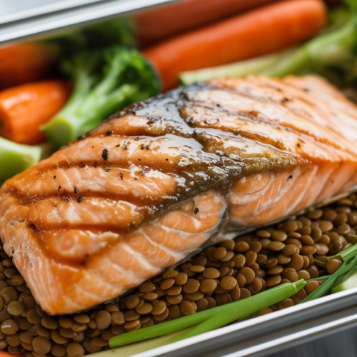 Salmão grelhado com lentilhas cozidas e legumes na Marmita