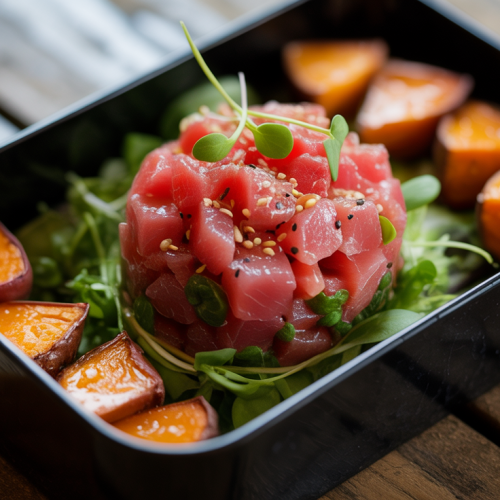 Tartar de atum com batata-doce assada (marmita fria)
