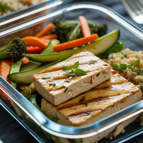 Tofu grelhado com legumes salteados e quinoa na Marmita